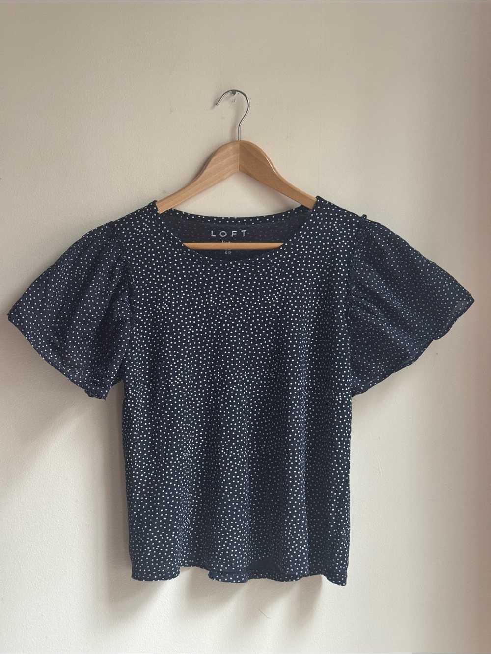 LOFT Petite PS Navy/White Polka Dot Puff Sleeve Ruffle Linen Blend Blouse